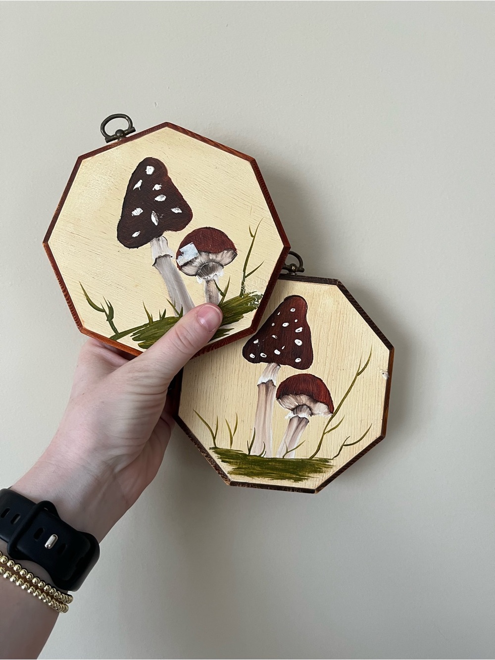 Hand painted Set of 2 Mushroom Hexagon Wooden Wall Decor